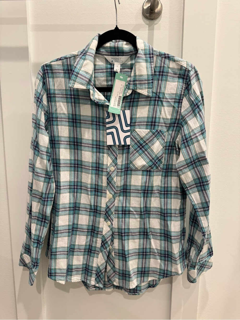 Market & Spruce Teal and White Plaid Button-Down Shirt Size Small